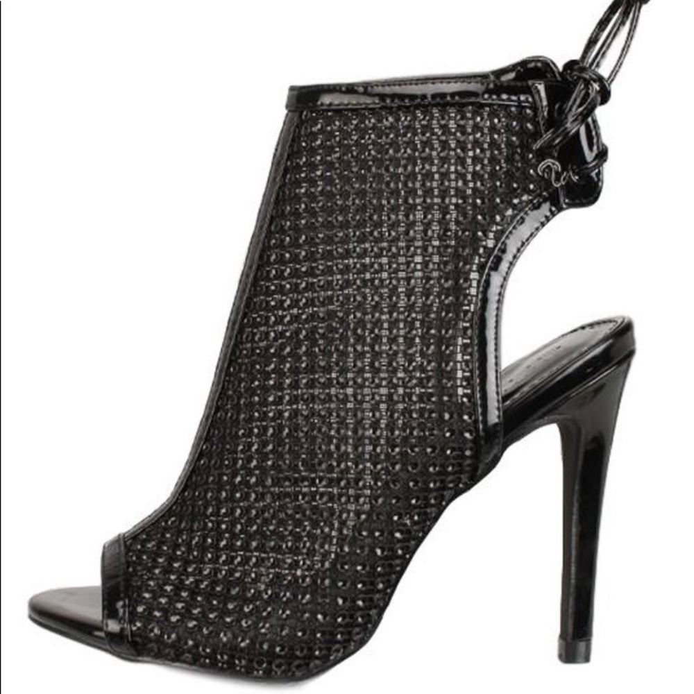 New Black Peep Toe Rear Lace up Rhinestone Mesh